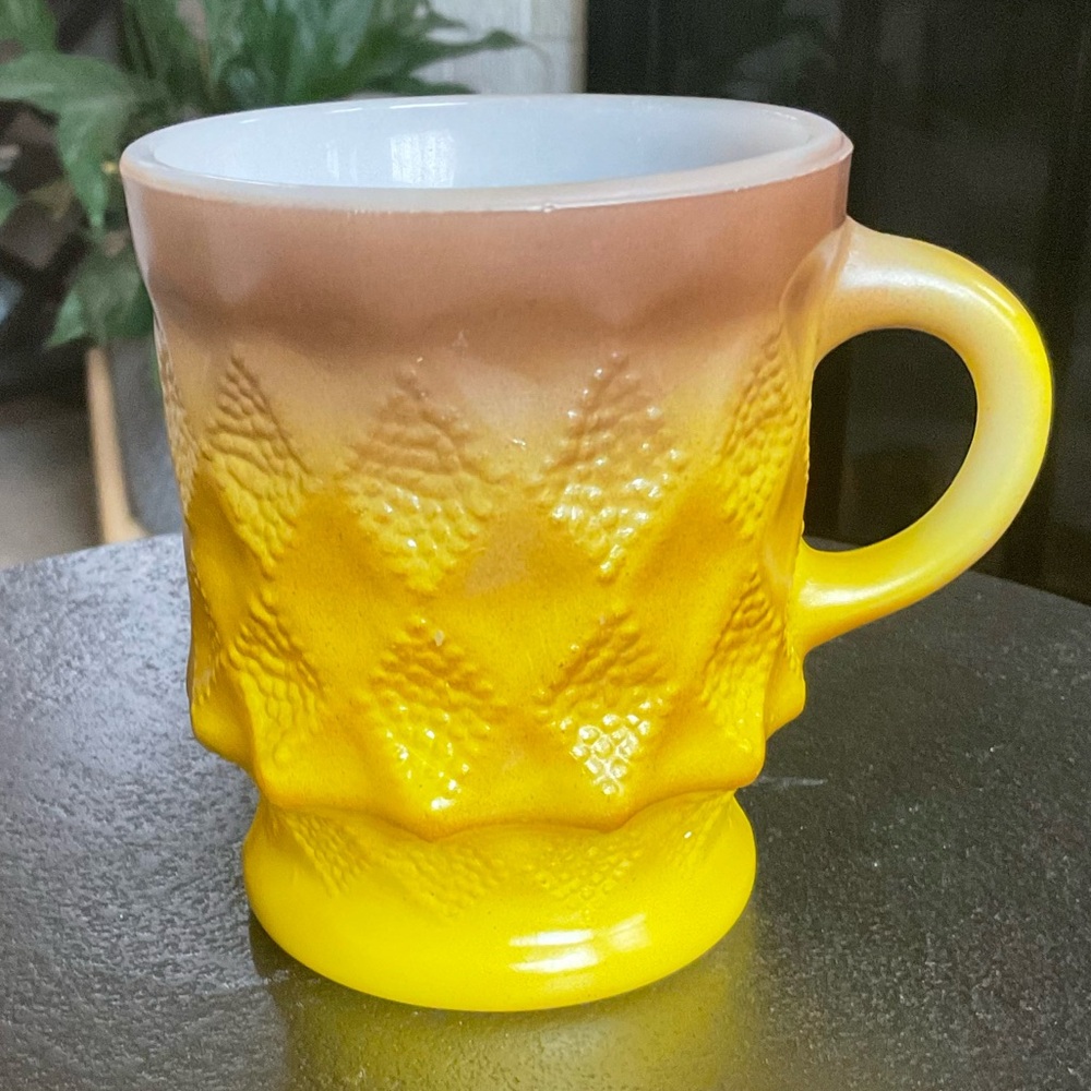 Vintage Fire King Anchor Hocking Kimberly Diamond Yellow Brown Ombré Coffee Mug